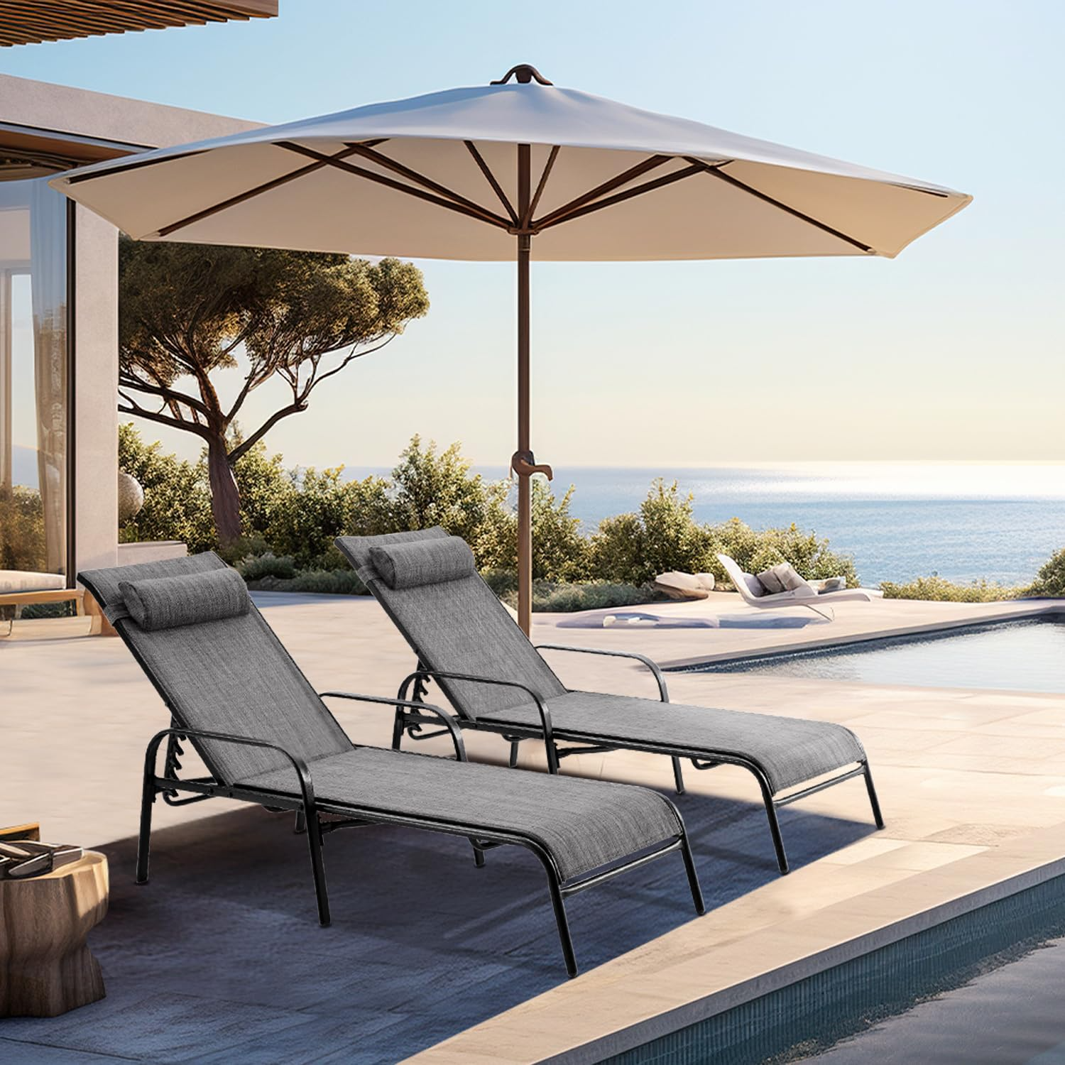 HOMREST Patio Chaise Lounges Set of 2 with Adjustable Backrest, Gray