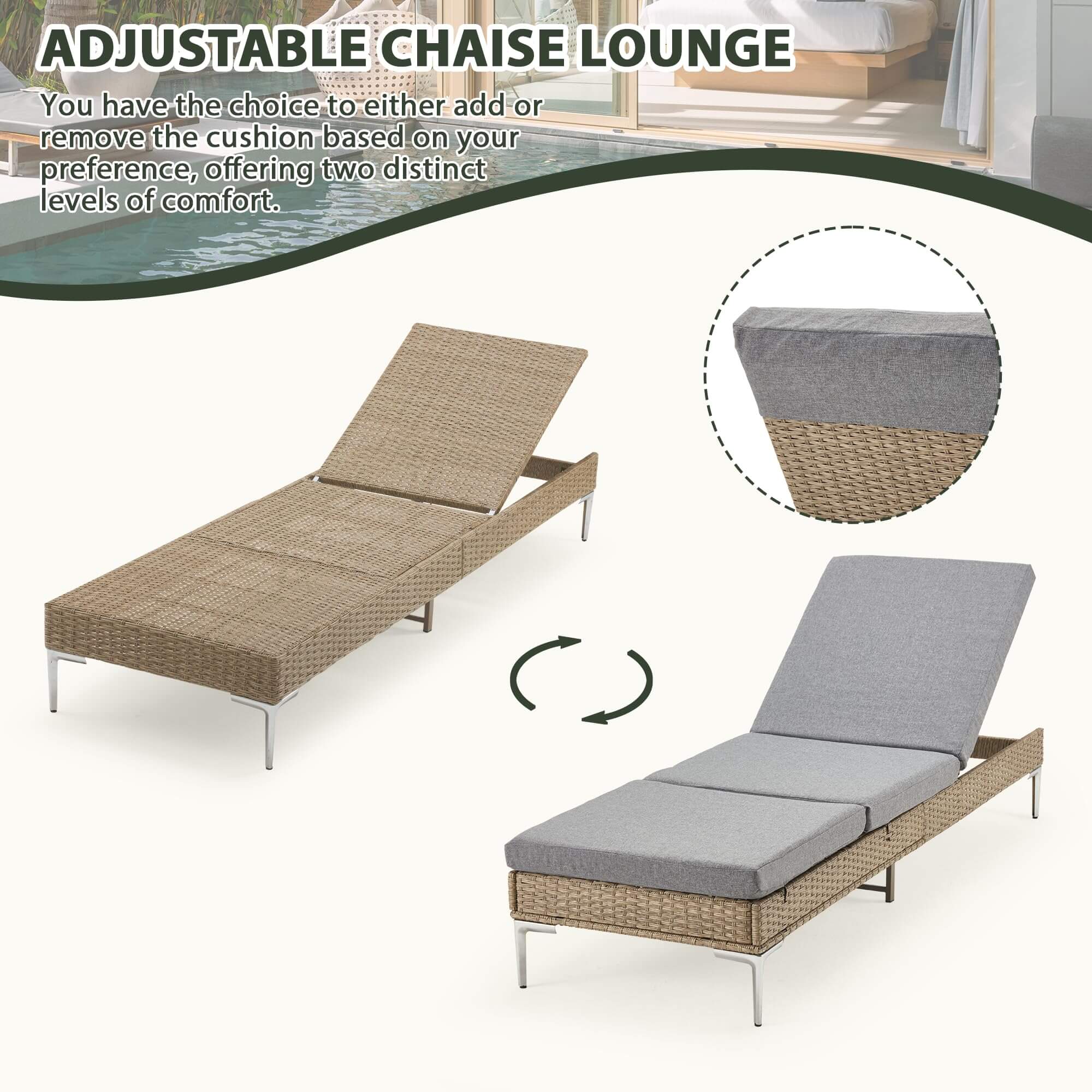 Homrest Patio Rattan Chaise Lounge Chair, Outdoor Wicker Recliner Thickened Cushion Stepless Adjustable with Gas Cylinder, Gray
