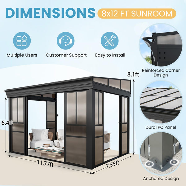 HOMREST 8x12 Lean-to Sunroom Gazebo, Enclosed Patio Shelter with Sliding Doors, Polycarbonate Roof and Gray-Tinted Panels, Aluminum Frame for Backyard