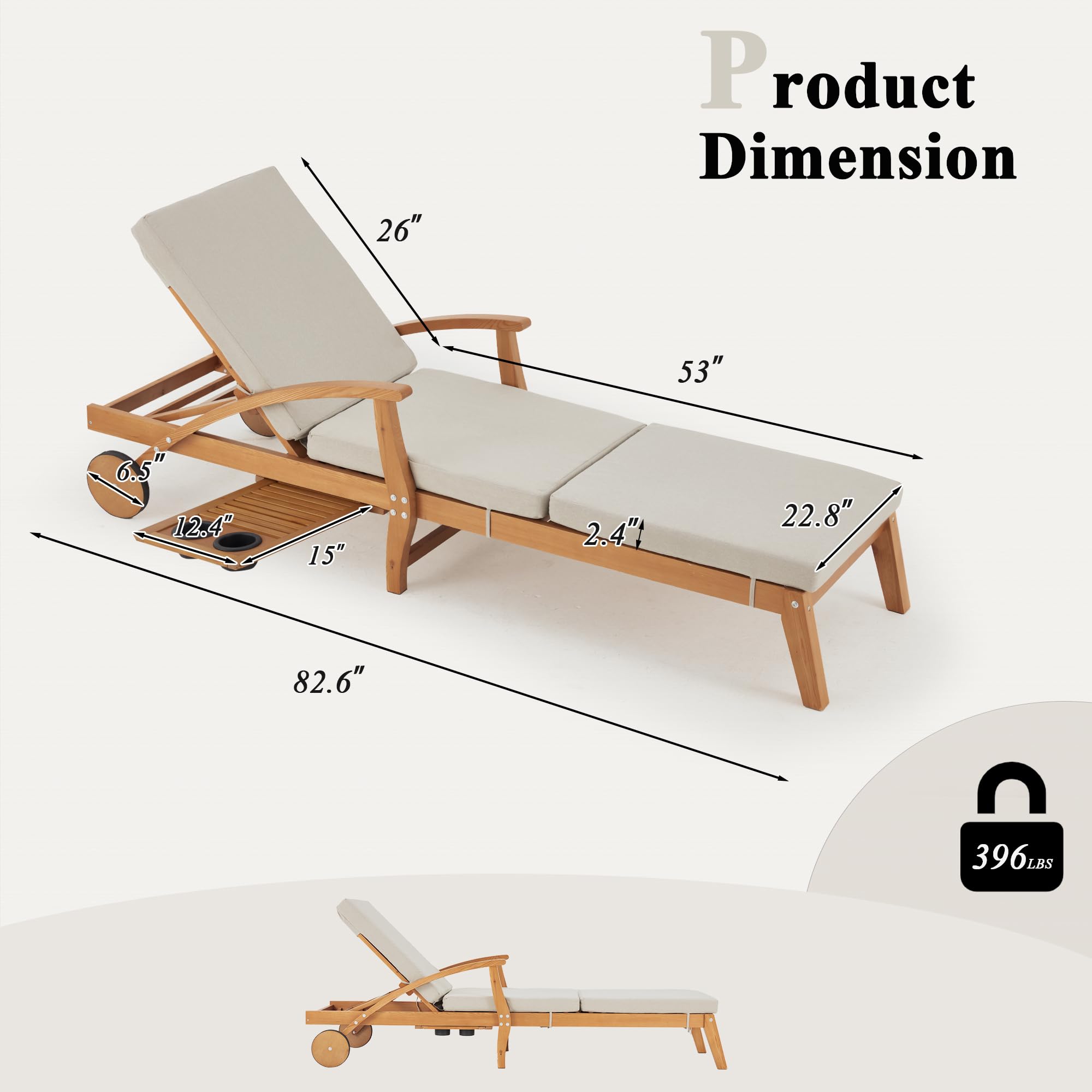 Outdoor Wood Chaise Lounge Chair Set of 2, with Slide-Out Tray, Adjustable Backrest, Moving Wheels and Breathable Fabric