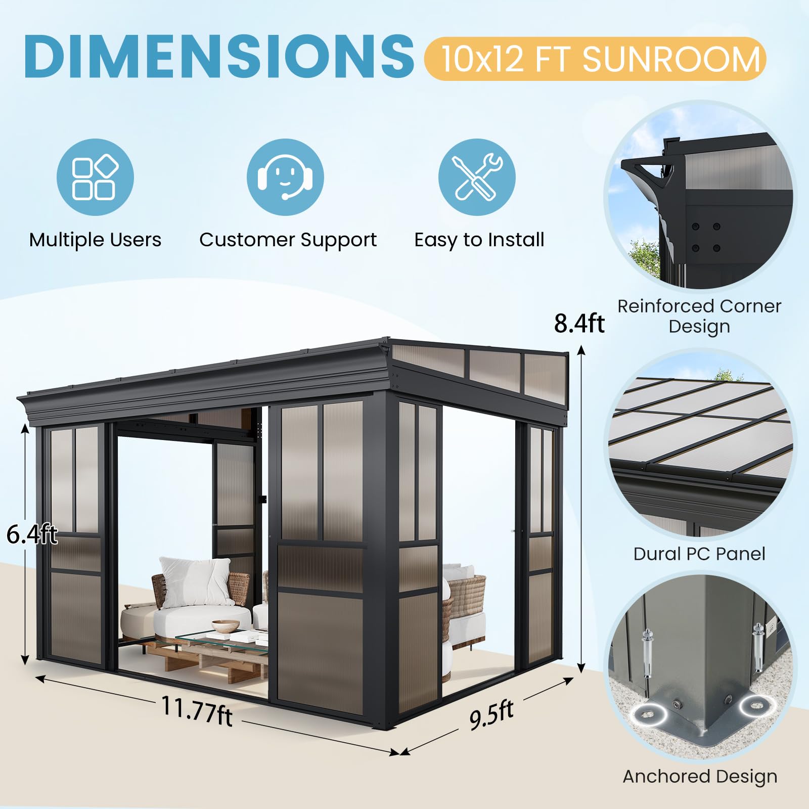 HOMREST 10x12 Lean-to Sunroom Gazebo, Enclosed Patio Shelter with Sliding Doors, Polycarbonate Roof and Gray-Tinted Panels, Aluminum Frame for Backyard