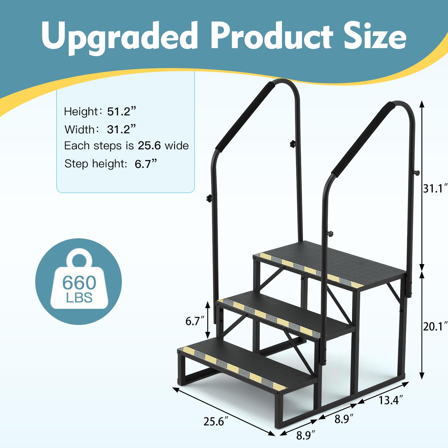 HOMREST 3-Step RV Steps with Dual Handrails, 660 LBS Heavy-Duty RV Stairs with Armrest Covers, Anti-Slip Hot Tub and Mobile Home Steps with Non-Skid Tapes