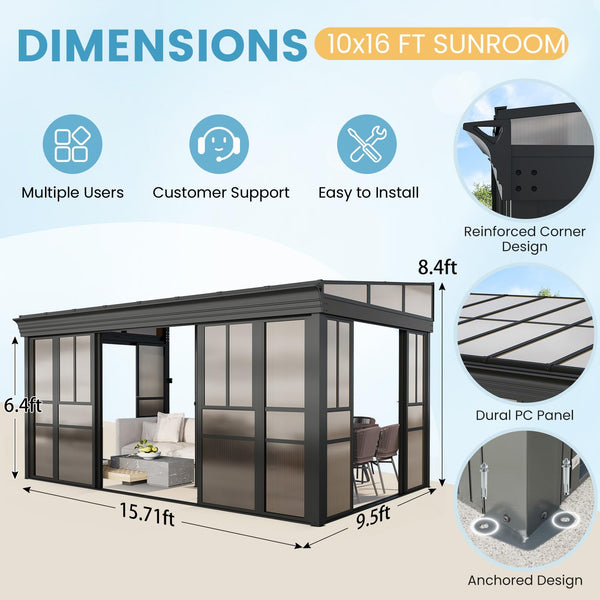 HOMREST 10x16 Lean-to Sunroom Gazebo, Enclosed Patio Shelter with Sliding Doors, Polycarbonate Roof and Gray-Tinted Panels, Aluminum Frame for Backyard