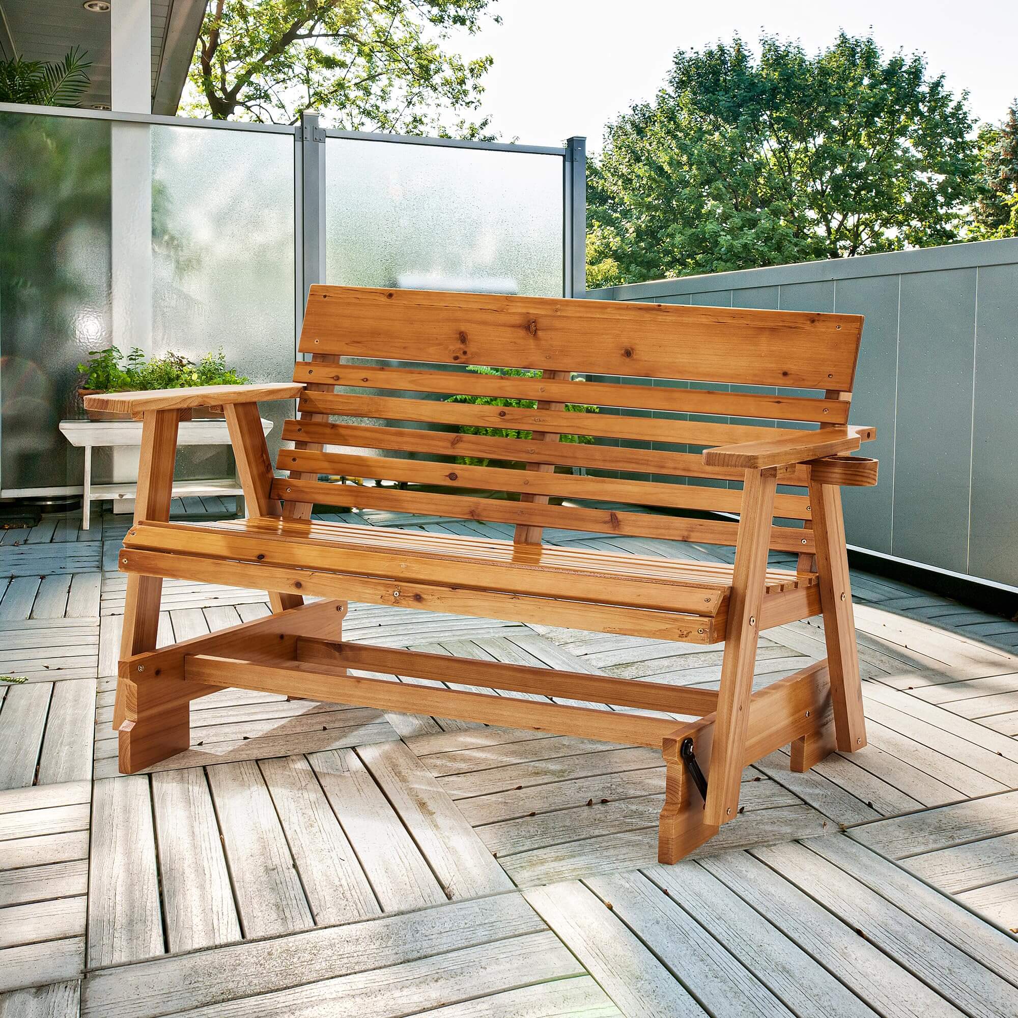 wooden-patio-glider-bench-with-cup-holders