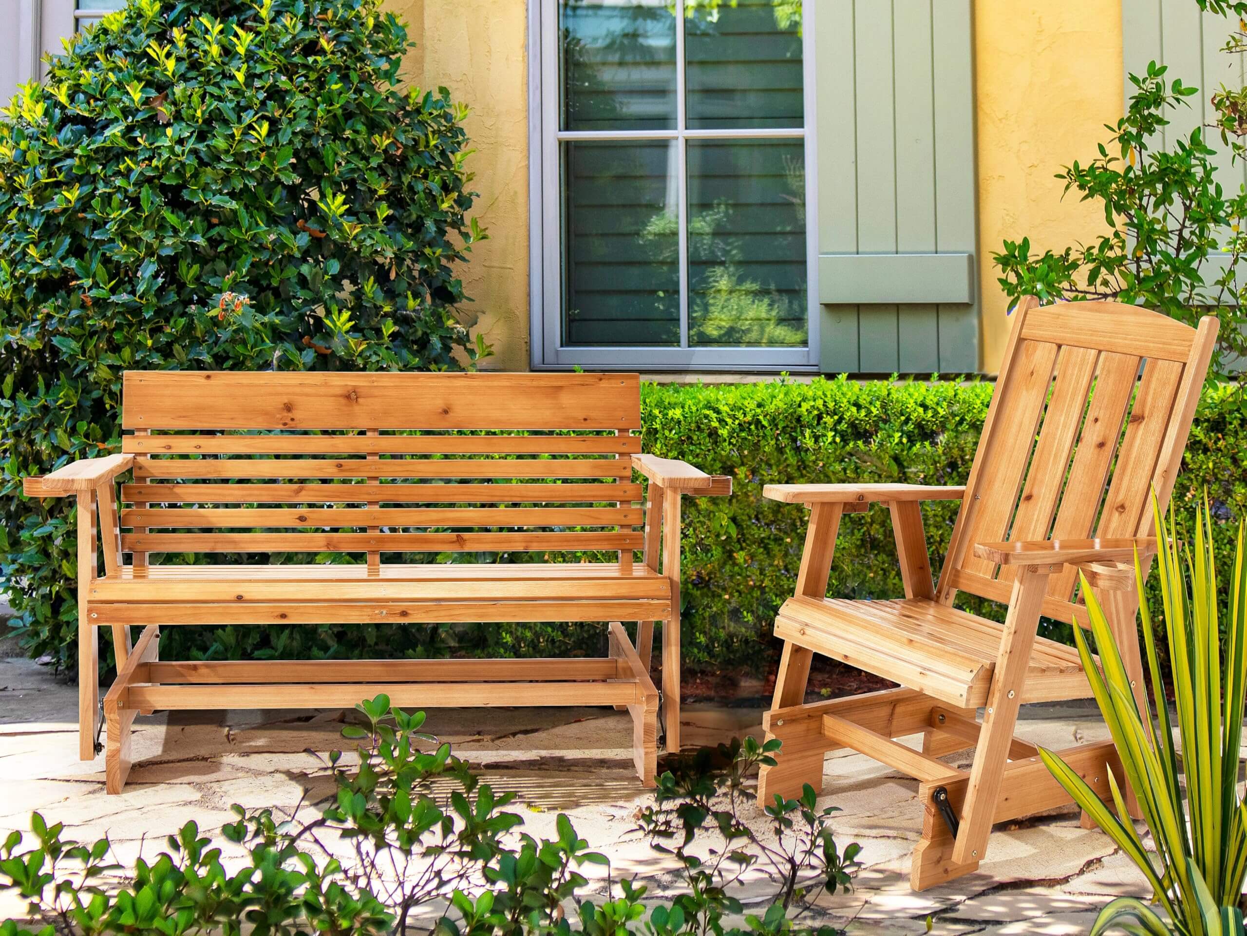 Homrest Patio Glider Bench Chair Set with Cup Holders, Ergonomic Deep Contoured Seat