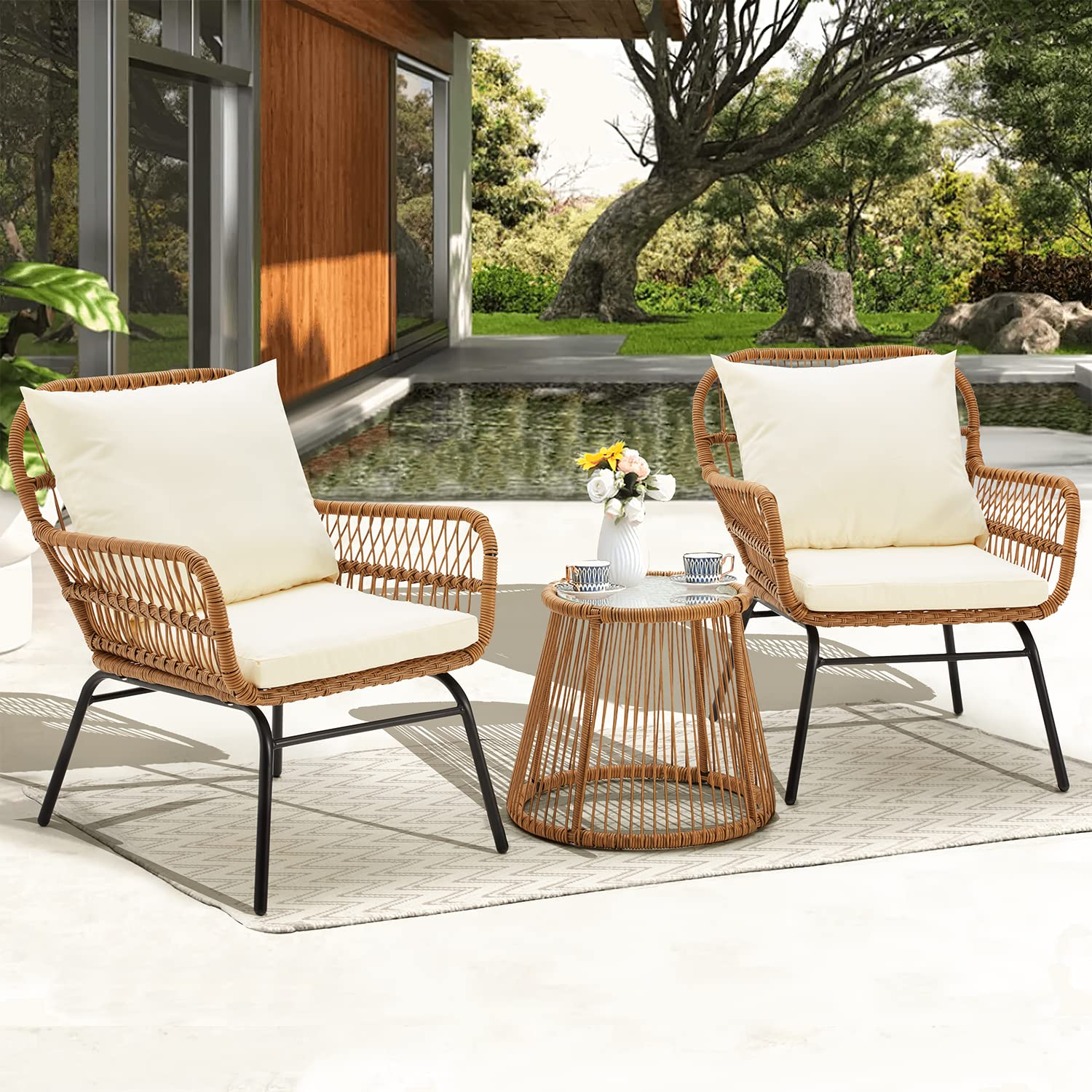 HOMREST 3-Piece Outdoor Wicker Bistro Set with Glass Top