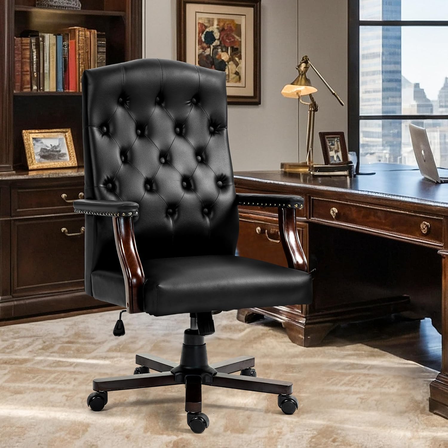 Homrest Executive Wingback Office Chair – Vintage Faux Leather, High-Back Swivel Design – Black
