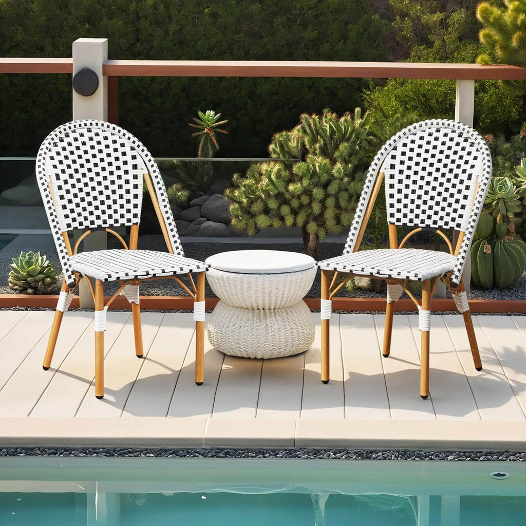 HOMREST Outdoor French Bistro Chair Set of 2, Wicker Patio Dining Chairs with Print Finish, Black&White