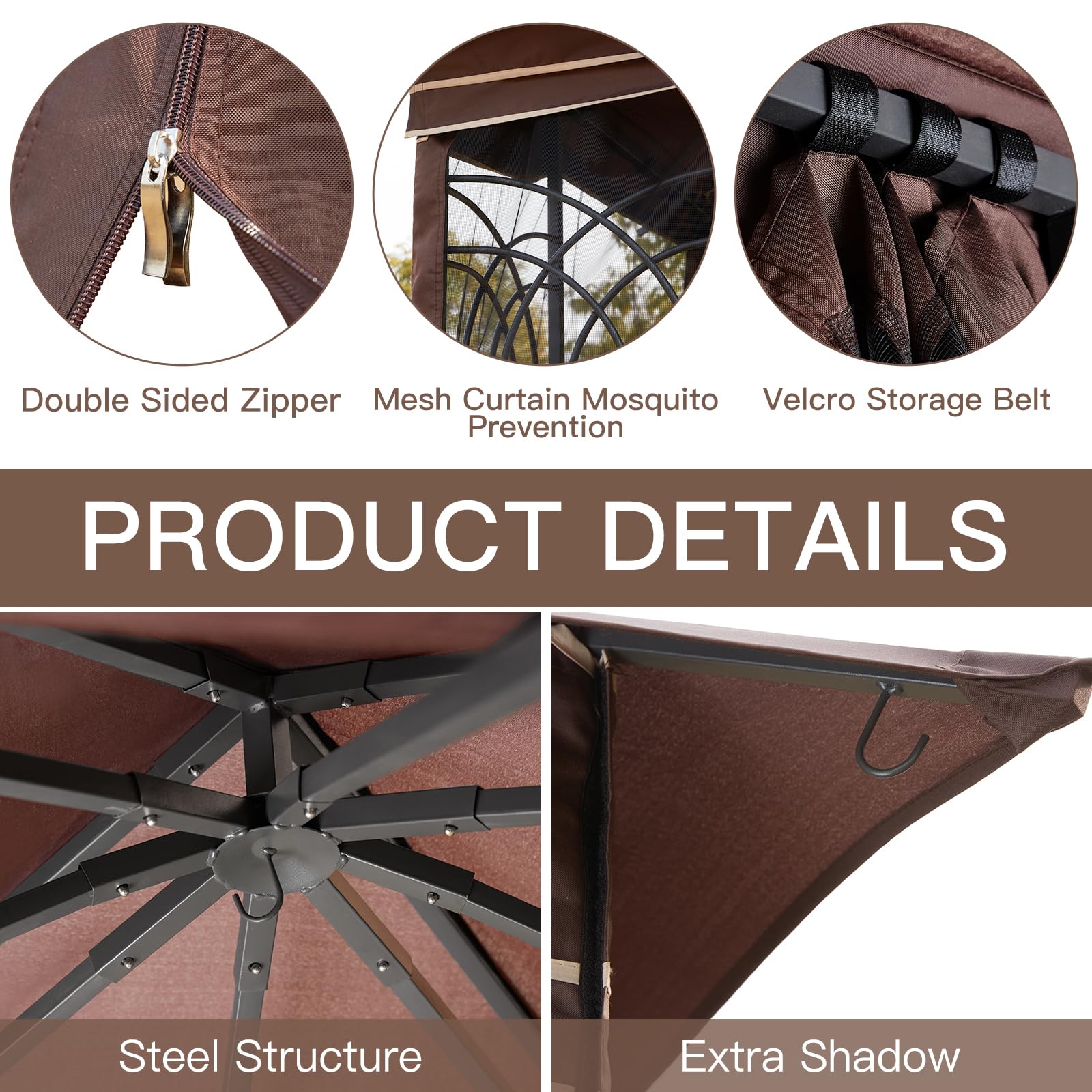 HOMREST Outdoor Gazebo 10'x10', Heavy Duty Canopy Tent with Soft Double Roofs & Metal Corner Frame Shelves, Party Tent Shelter with Mosquito Netting for Patio, Deck, Backyard, Brown