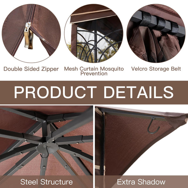 HOMREST Outdoor Gazebo 10'x10', Heavy Duty Canopy Tent with Soft Double Roofs & Metal Corner Frame Shelves, Party Tent Shelter with Mosquito Netting for Patio, Deck, Backyard, Brown