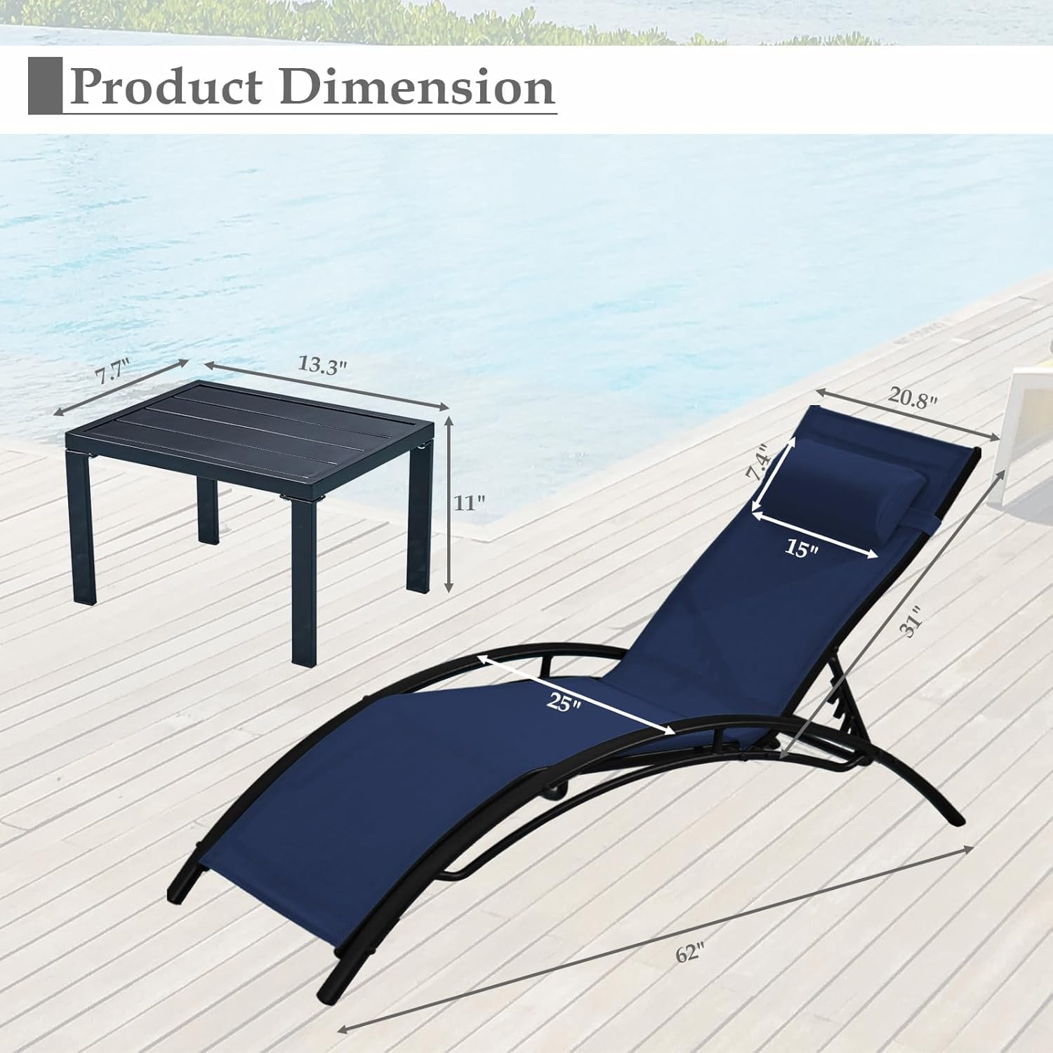 HOMREST 3-Piece Outdoor Chaise Lounge Set, Reclining Patio Chairs with Side Table, Navy Blue