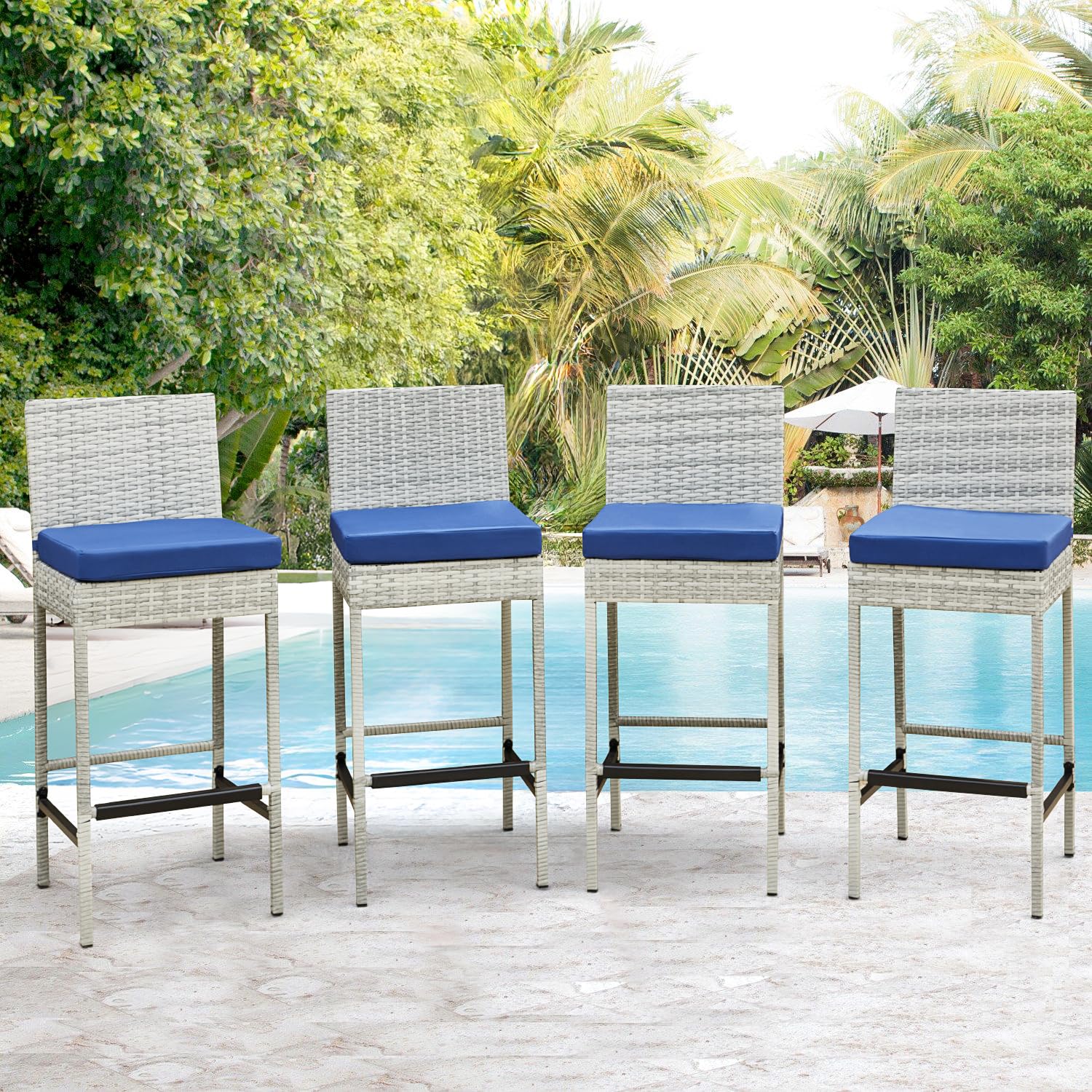 HOMREST Rattan Bar Stools Set of 4, Wicker Woven Patio Stools & Patio Bar Chairs with Seat Cushion and Cozy Footrest, Outdoor Furniture Armless Counter Height, Gray/Blue