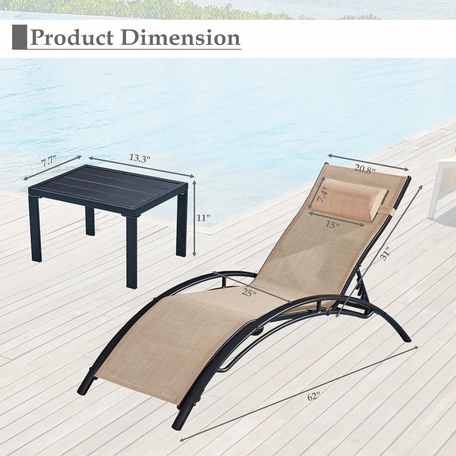 HOMREST 3-Piece Outdoor Chaise Lounge Set, Reclining Patio Chairs with Side Table, Khaki