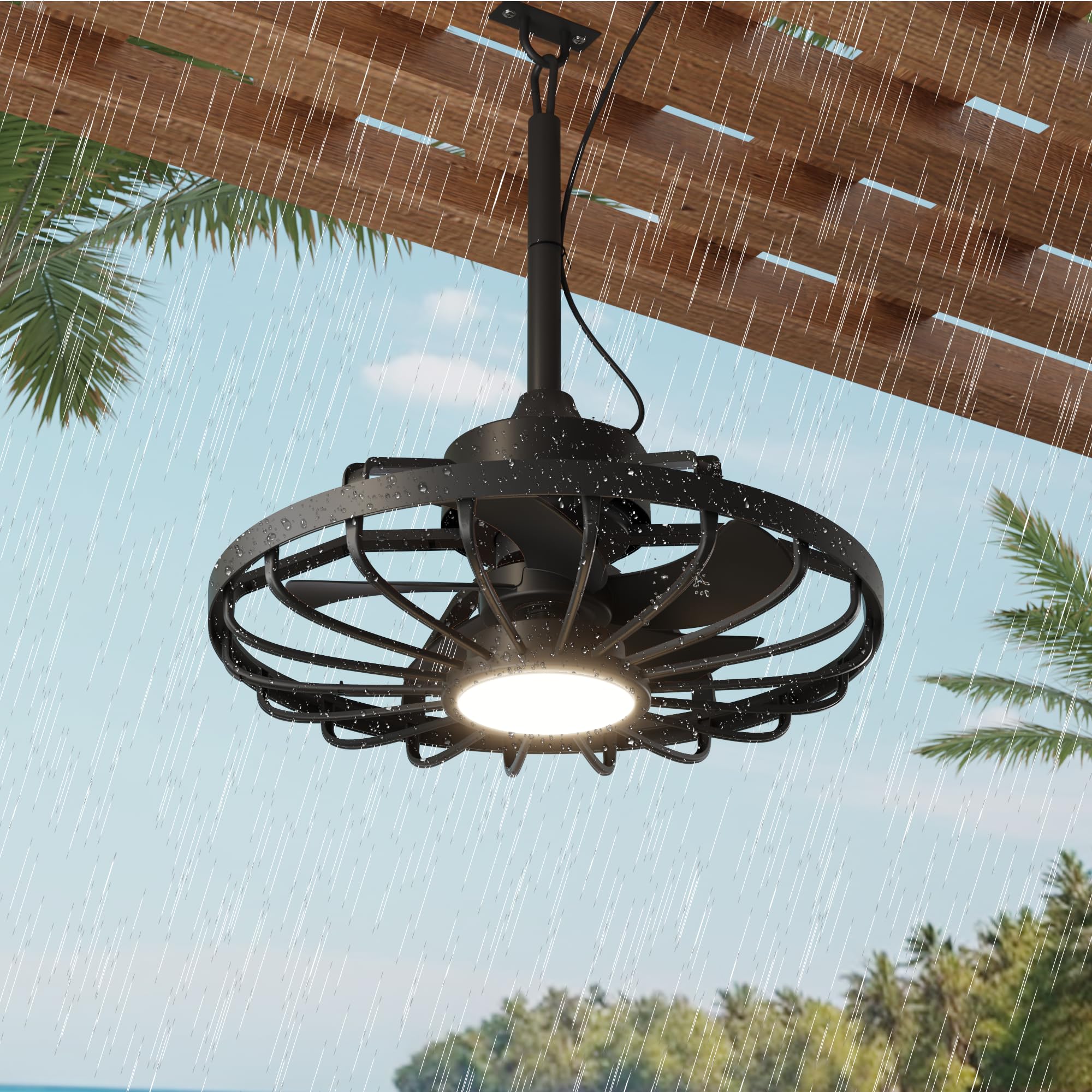 HOMREST 20" Outdoor Ceiling Fan with Light，IP65 Waterproof Plug in Ceiling Fan with Remote and 2 Downrods, Gazebo Caged Hanging Fan with 3 Color LED Light for Porch, Pergola, Canopy, Black