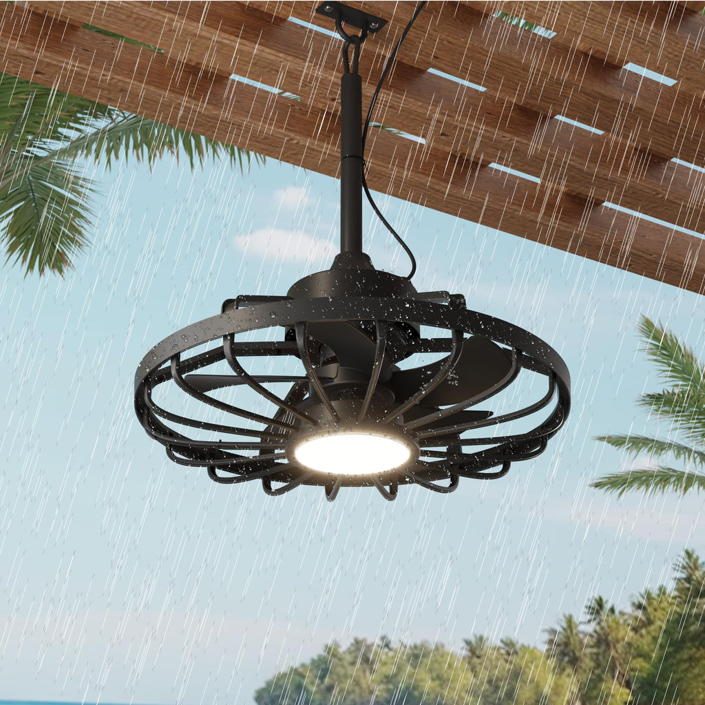 HOMREST 20" Outdoor Ceiling Fan with Light，IP65 Waterproof Plug in Ceiling Fan with Remote and 2 Downrods, Gazebo Caged Hanging Fan with 3 Color LED Light for Porch, Pergola, Canopy, Black