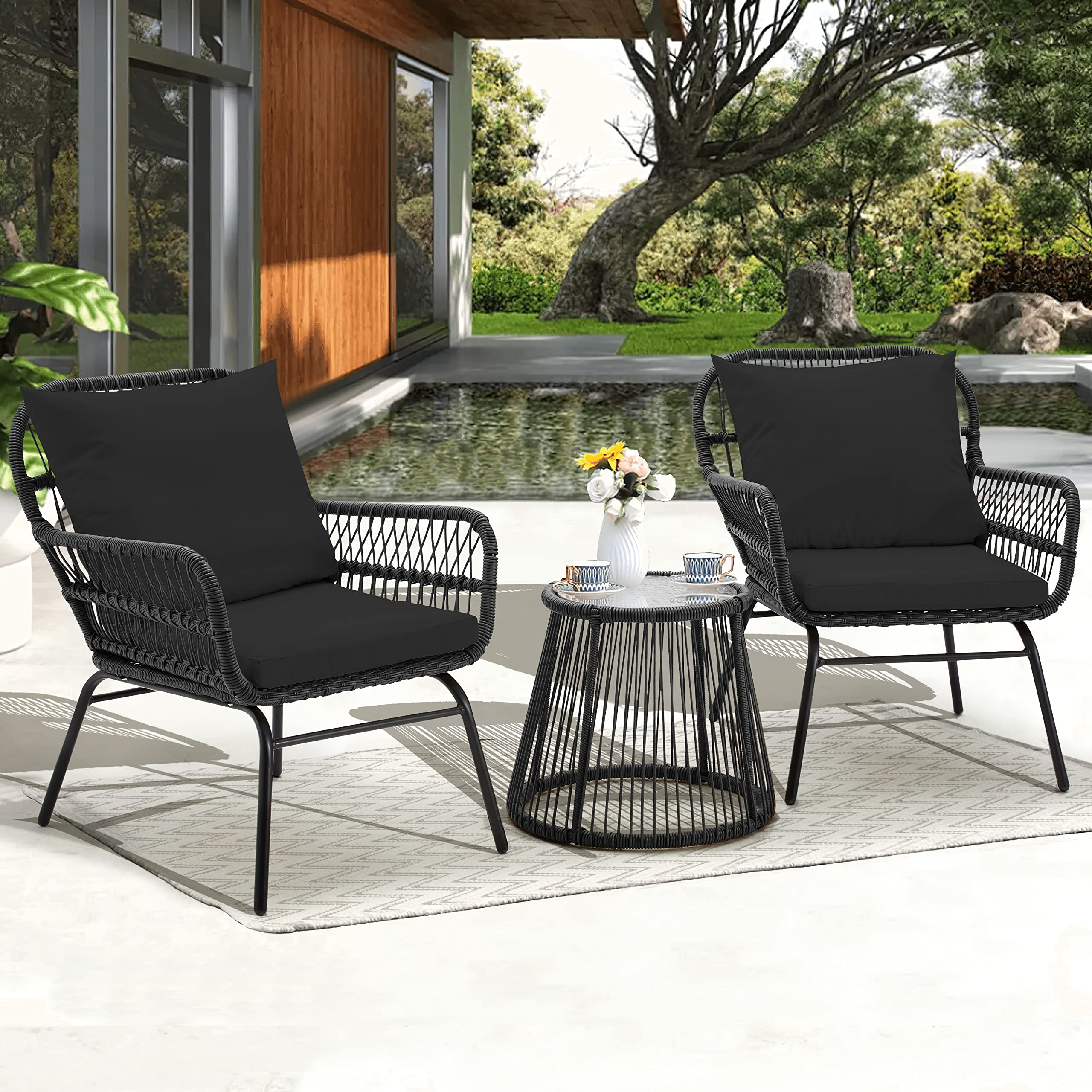 HOMREST 3-Piece Patio Bistro Set with Glass Top Table & 2 Ergonomic Armchairs, Black