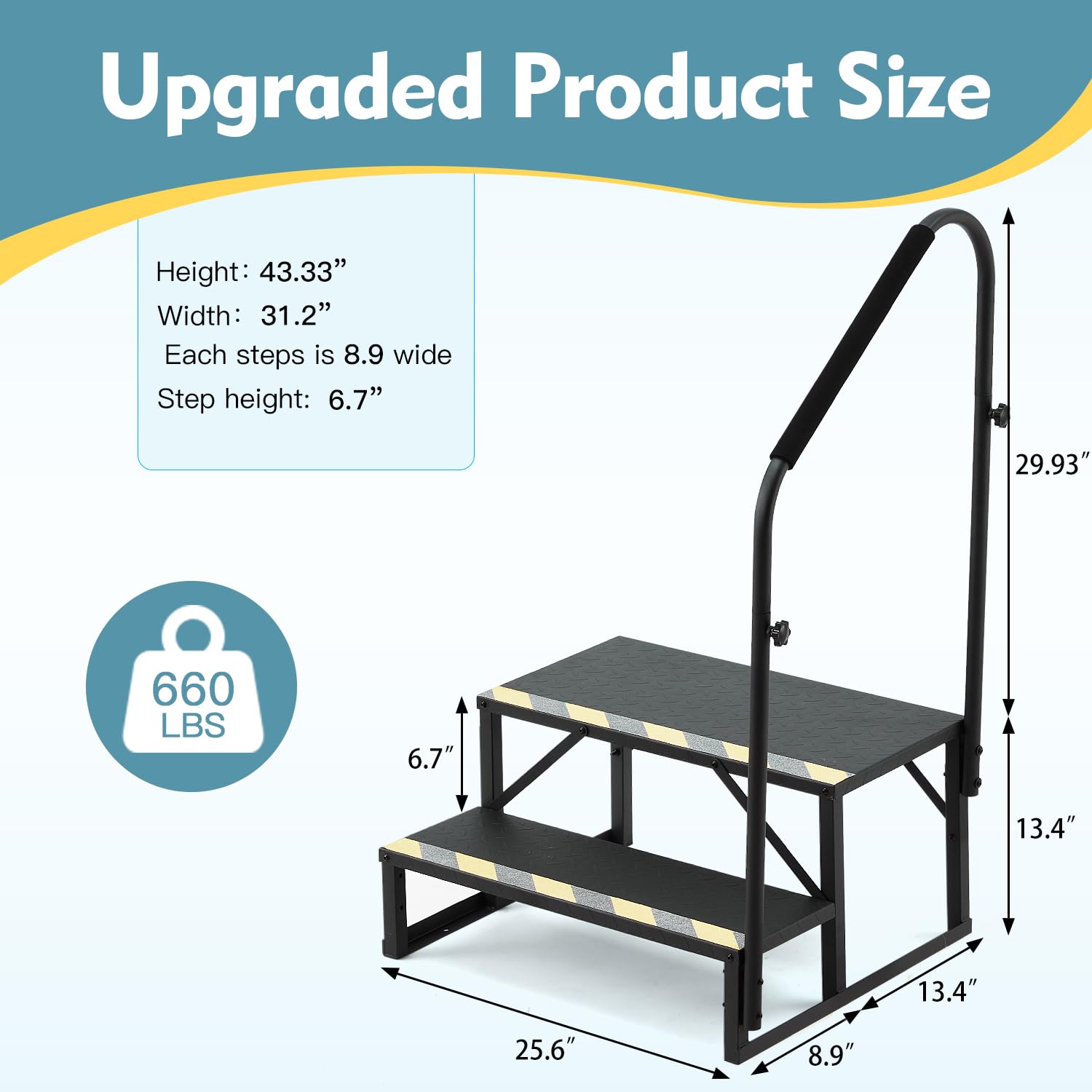 HOMREST 2-Step RV Stairs with Handrail, 660 LBS Metal Steps with Armrest Cover, Anti-Slip Hot Tub & Mobile Home Steps with Non-Skid Tape