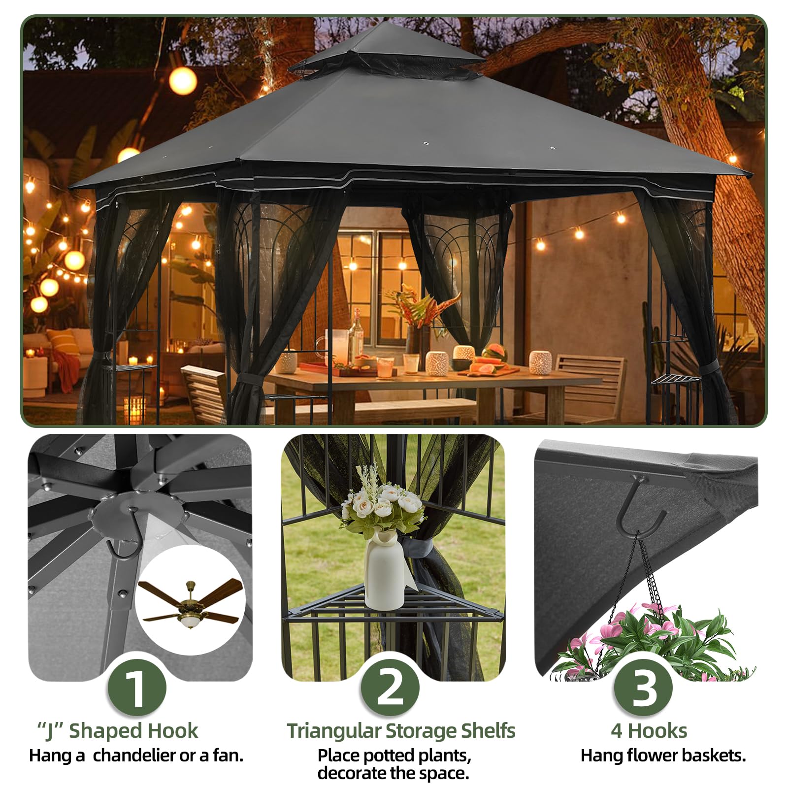 HOMREST Outdoor Gazebo 10'x10', Heavy Duty Canopy Tent with Soft Double Roofs & Metal Corner Frame Shelves, Party Tent Shelter with Mosquito Netting for Patio, Deck, Backyard, Gray