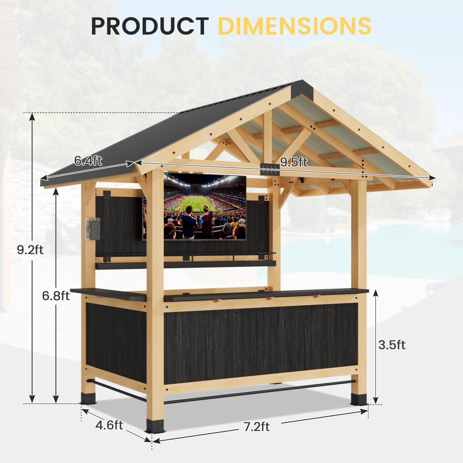 HOMREST 9.5' x 6.4' Outdoor Wooden Gazebo Bar Set with Galvanized Steel Roof, 3 Bar Tops, Power Strip & TV Hook, Weather-Resistant for Patio, Garden, Backyard