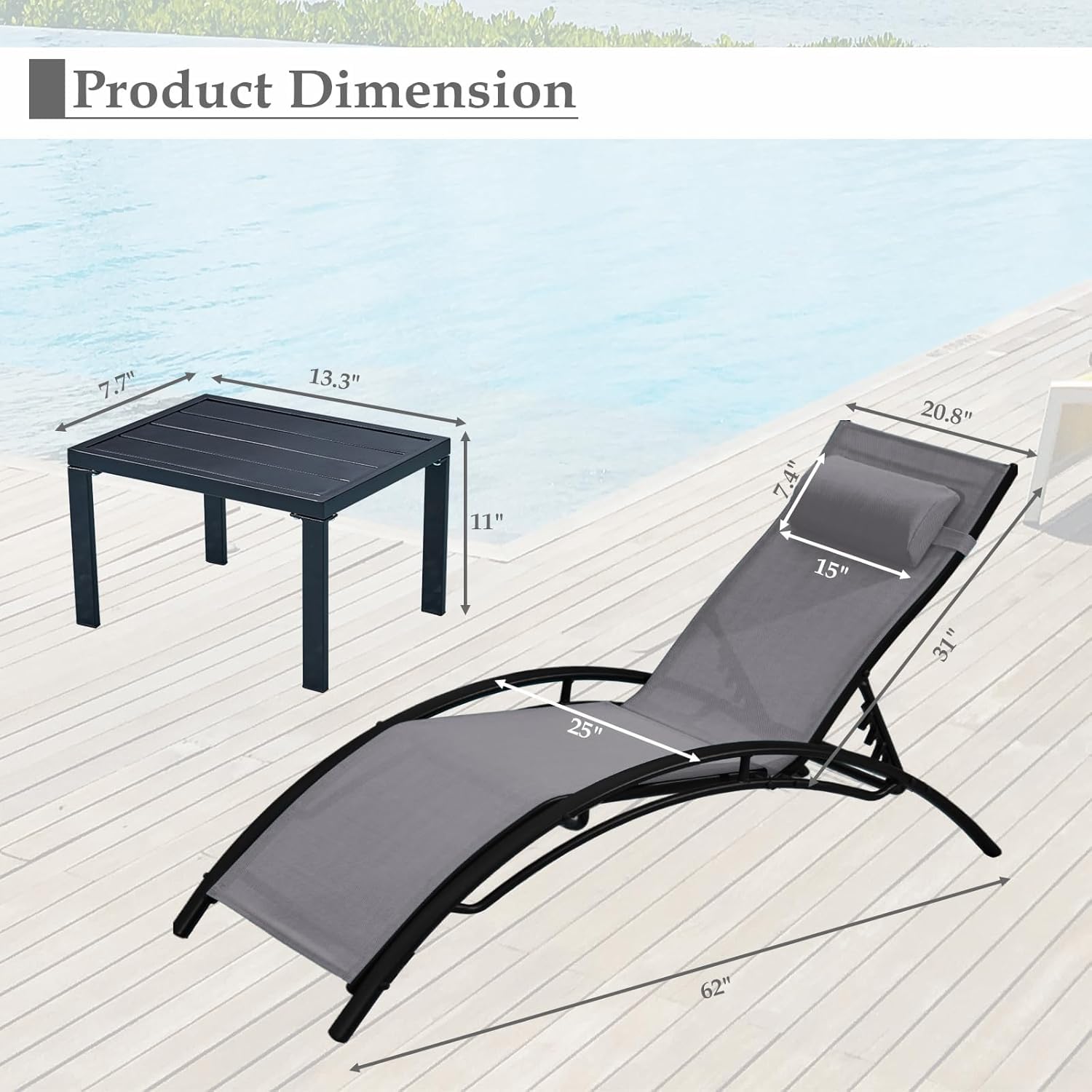 HOMREST 3-Piece Outdoor Chaise Lounge Set, Reclining Patio Chairs with Side Table, Gray