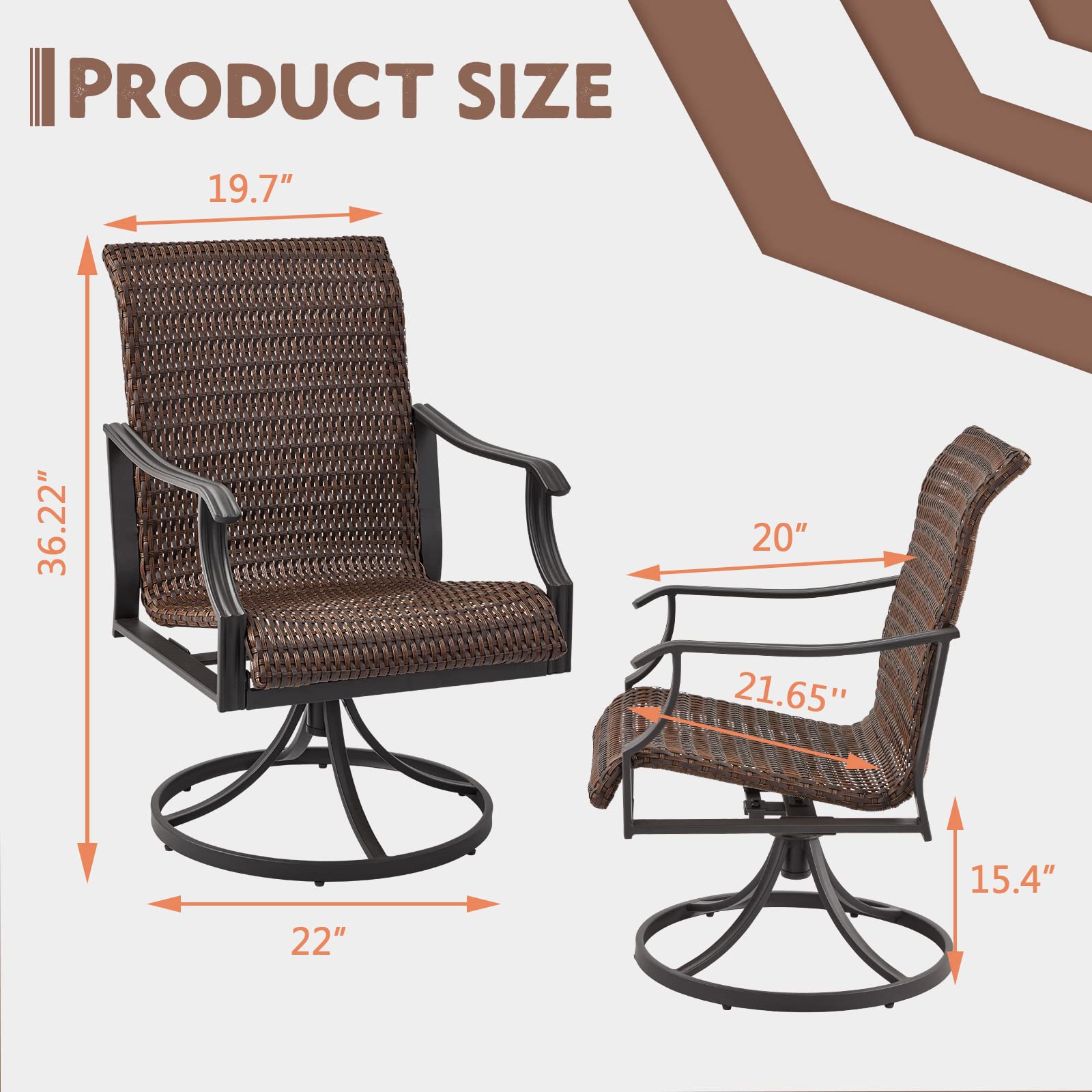 homrest Patio Wicker Swivel Chair Set of 2, Heavy Duty Outdoor Dining Chair with 23.5'' High Back, Extra-Large Water-Fall Seat, Gentle Rocker-homrest