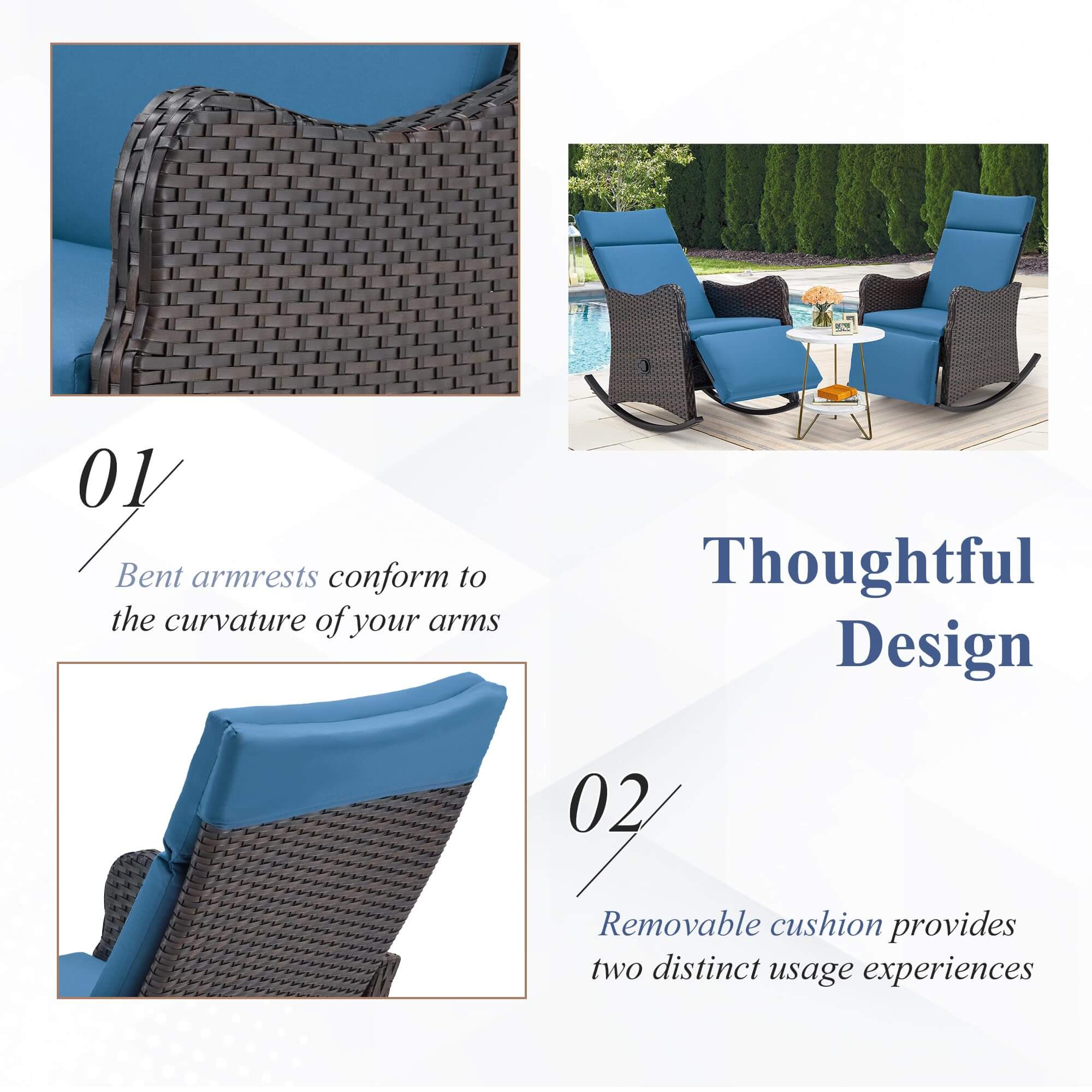 Homrest Outdoor Recliner Chair, Rattan Wicker Rocking Chair with Cushion, Blue