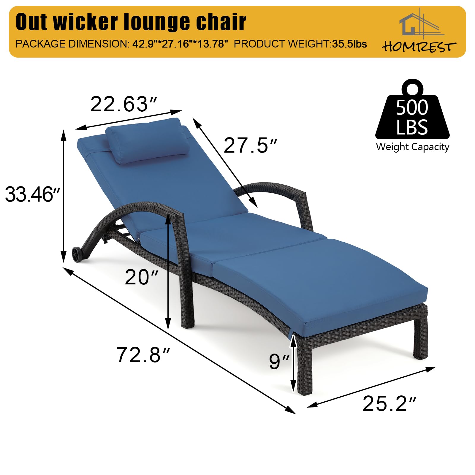Homrest Chaise Lounge Chairs Set of 4 PE Rattan Wicker Patio Pool Lounge Chair, Dark Blue