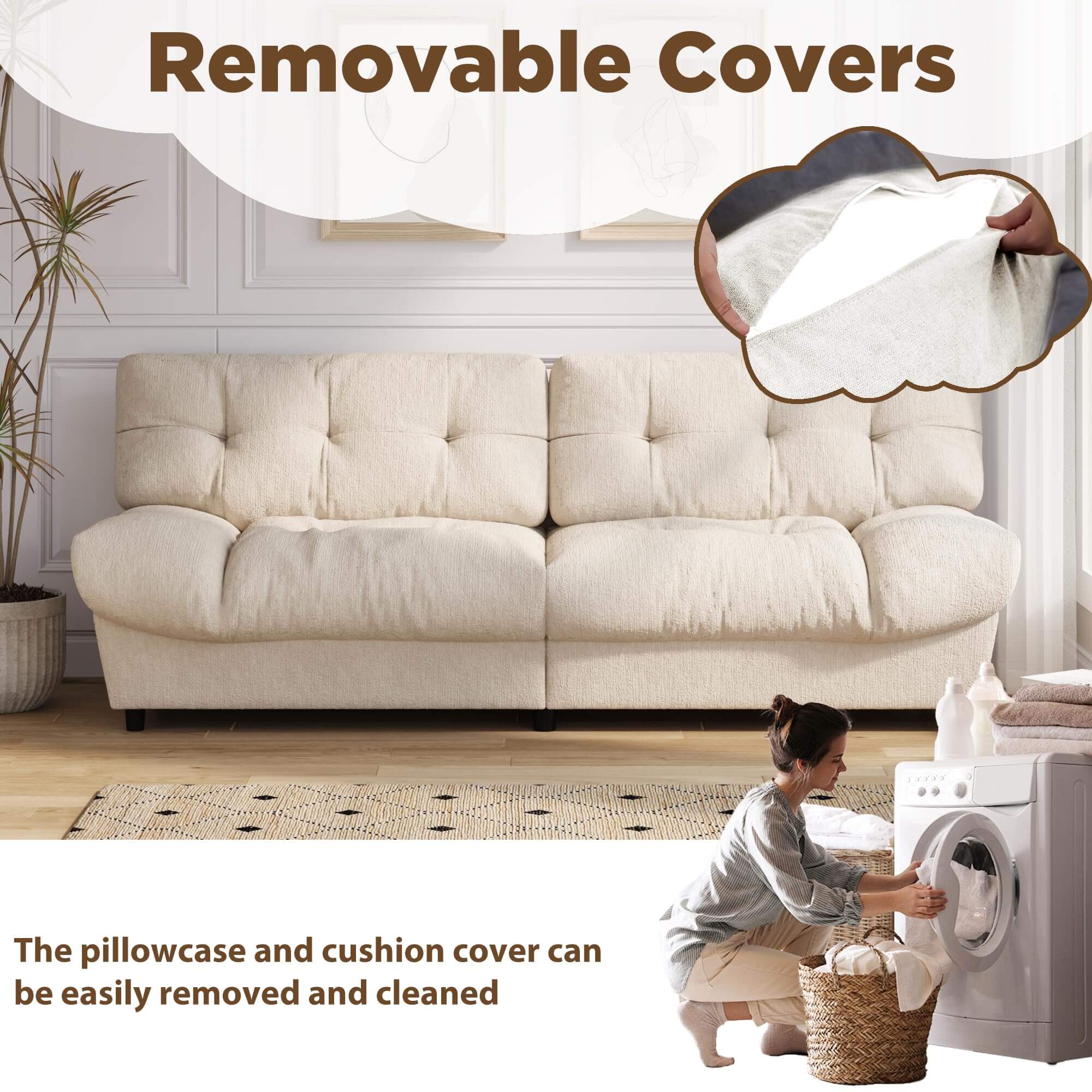 HOMREST 80 Inch Chenille Cloud Sofa Loveseat, Deep Seat Couch with Pillow Armrests, Beige White