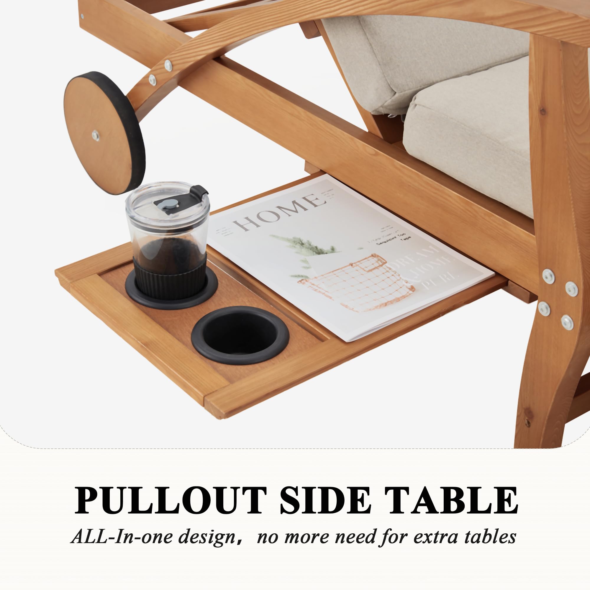 Outdoor Wood Chaise Lounge Chair Set of 2, with Slide-Out Tray, Adjustable Backrest, Moving Wheels and Breathable Fabric
