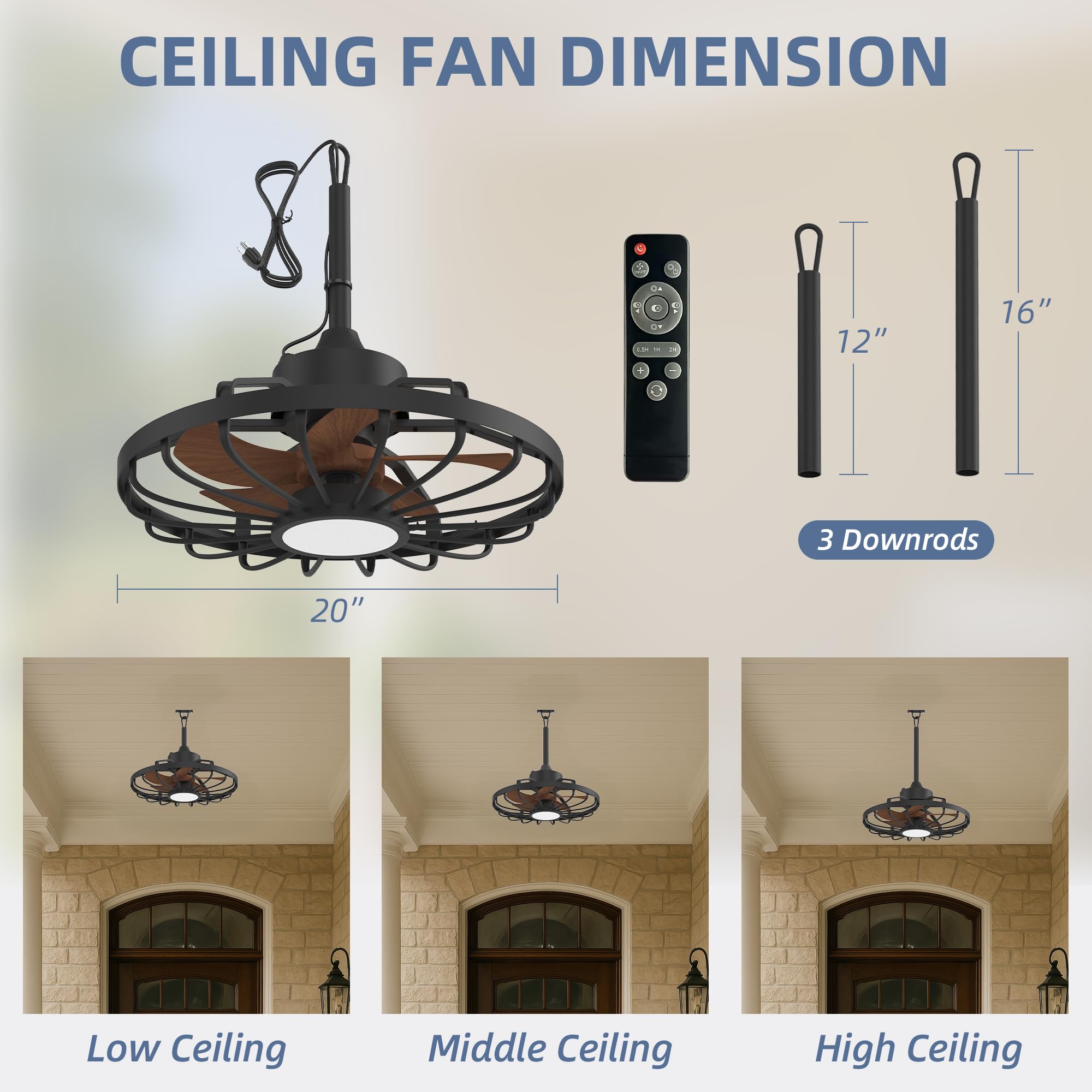 HOMREST 20" Outdoor Ceiling Fan with Light，IP65 Waterproof Plug in Ceiling Fan with Remote and 2 Downrods, Gazebo Caged Hanging Fan with 3 Color LED Light for Porch, Pergola, Canopy, Brown