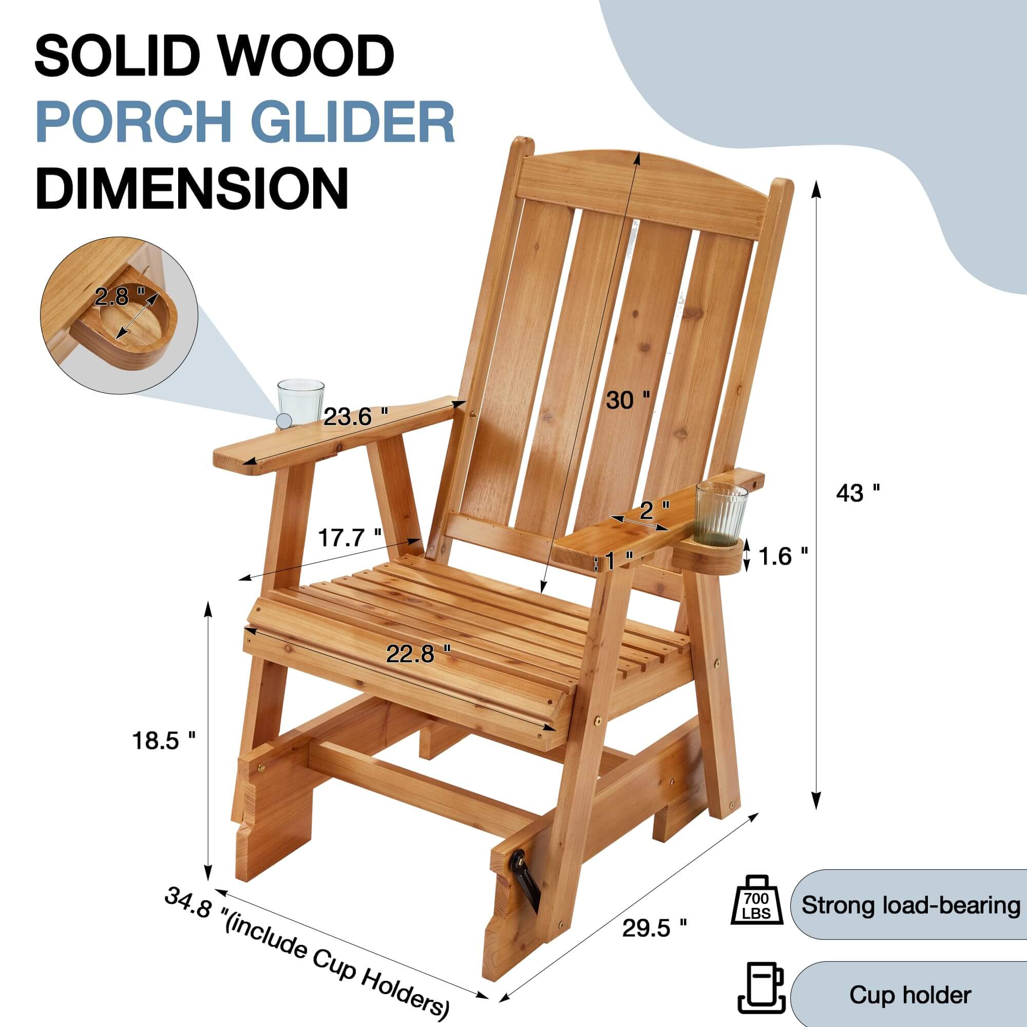 Homrest Wooden Patio Glider Chair with Cup Holders Heavy Duty 700lbs