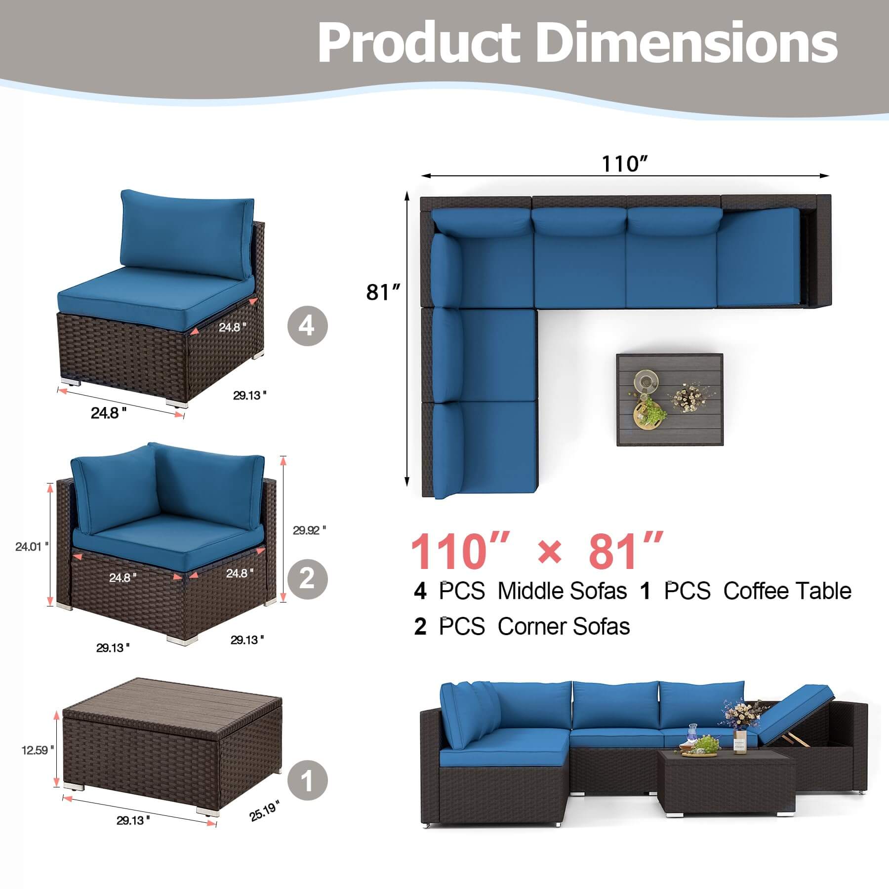 Product dimensions of Homrest patio furniture set