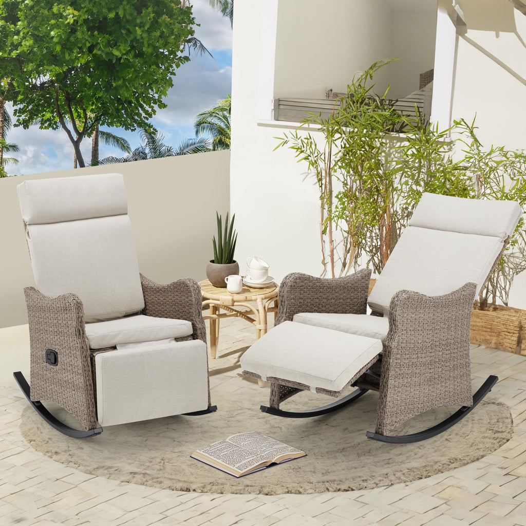 Homrest Outdoor Recliner Chairs Set of 2, Rattan Wicker Rocking Chair, Beige