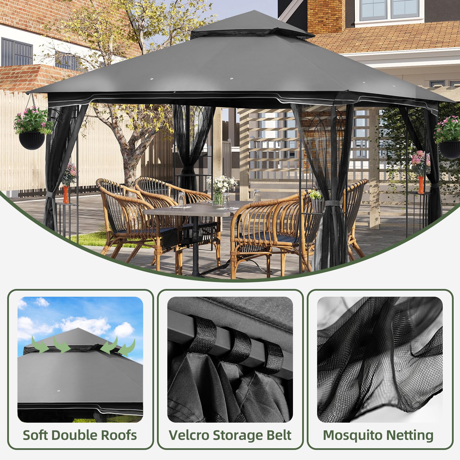 HOMREST Outdoor Gazebo 10'x10', Heavy Duty Canopy Tent with Soft Double Roofs & Metal Corner Frame Shelves, Party Tent Shelter with Mosquito Netting for Patio, Deck, Backyard, Gray