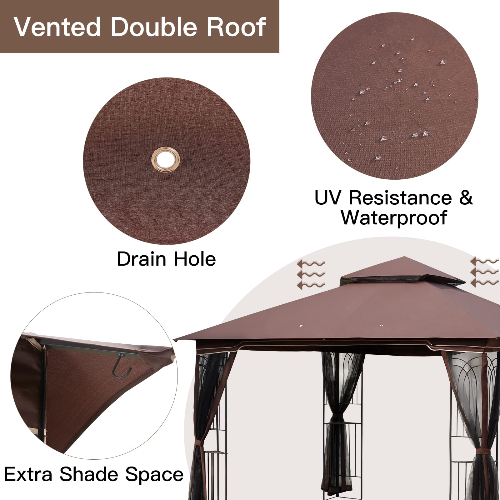 HOMREST Outdoor Gazebo 10'x10', Heavy Duty Canopy Tent with Soft Double Roofs & Metal Corner Frame Shelves, Party Tent Shelter with Mosquito Netting for Patio, Deck, Backyard, Brown