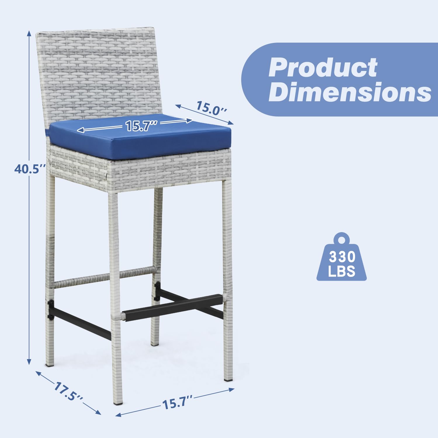 HOMREST Rattan Bar Stools Set of 4, Wicker Woven Patio Stools & Patio Bar Chairs with Seat Cushion and Cozy Footrest, Outdoor Furniture Armless Counter Height, Gray/Blue