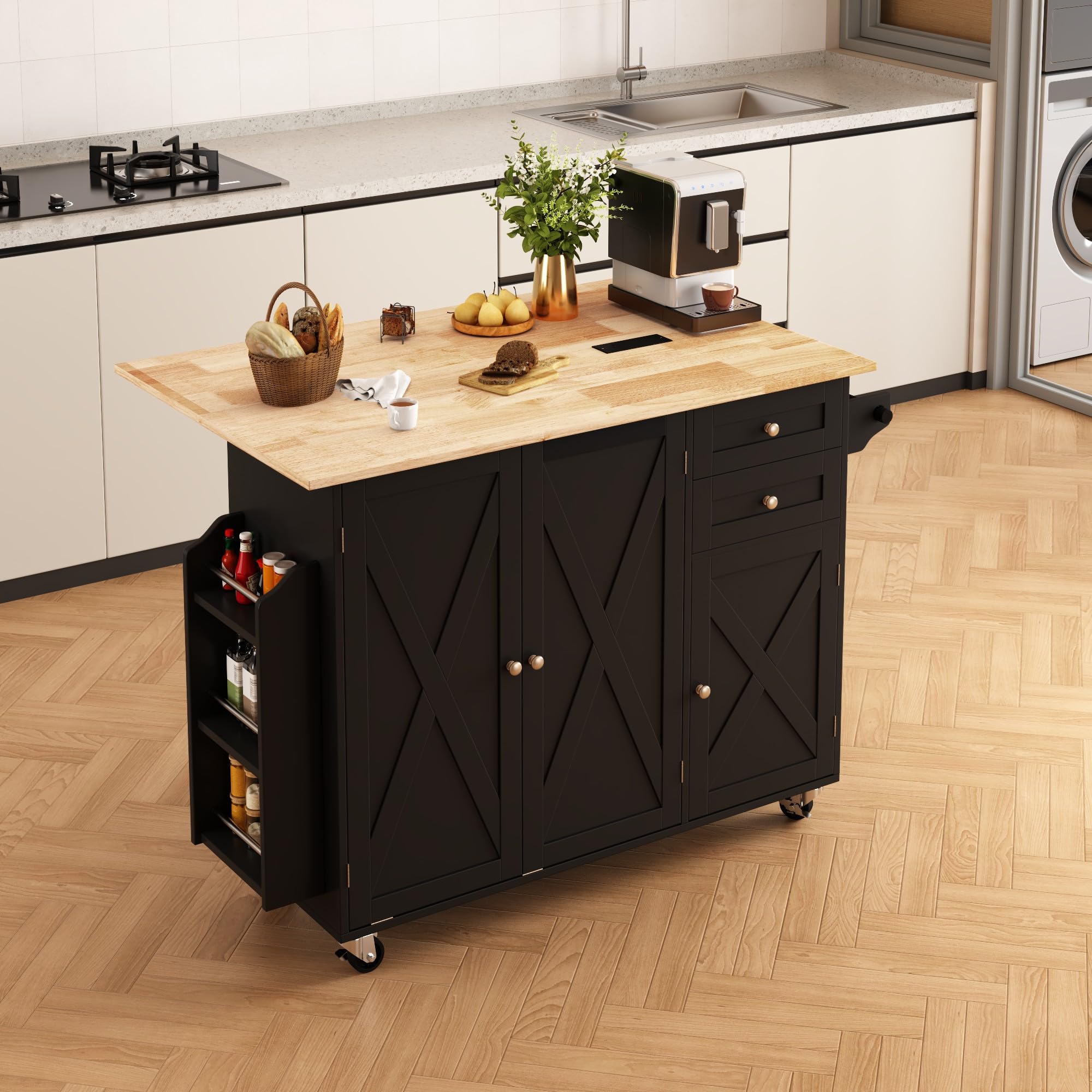 HOMREST 50.4" Kitchen Island with Drop Leaf & Power Outlet, Farmhouse Rolling Island Cart with 3 Spices Shelves on Wheels, Mobil Kitchen Island Table with Rubberwood Countertop Towel Rack, Black