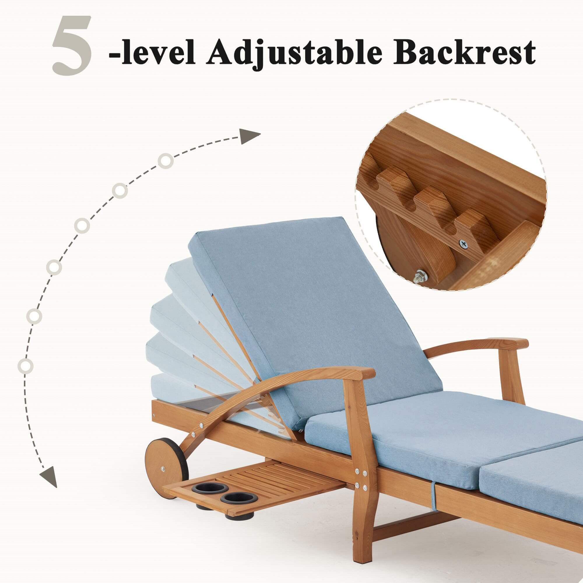Outdoor Wood Chaise Lounge Chair Set of 2, with Slide-Out Tray, Adjustable Backrest, Moving Wheels and Breathable Fabric (Light Blue)