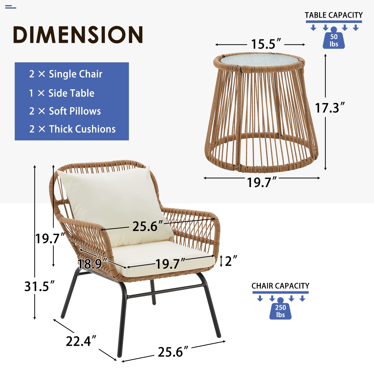 HOMREST 3-Piece Outdoor Wicker Bistro Set with Glass Top