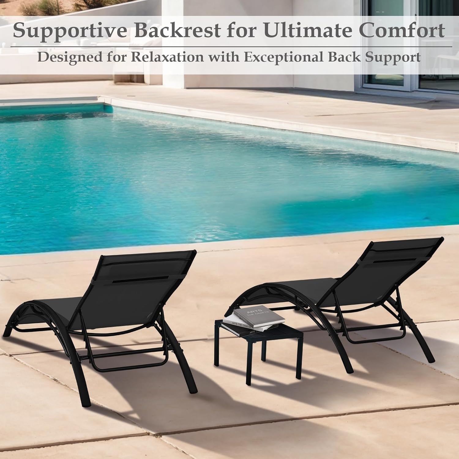 HOMREST 3-Piece Outdoor Chaise Lounge Set, Reclining Patio Chairs with Side Table, Black