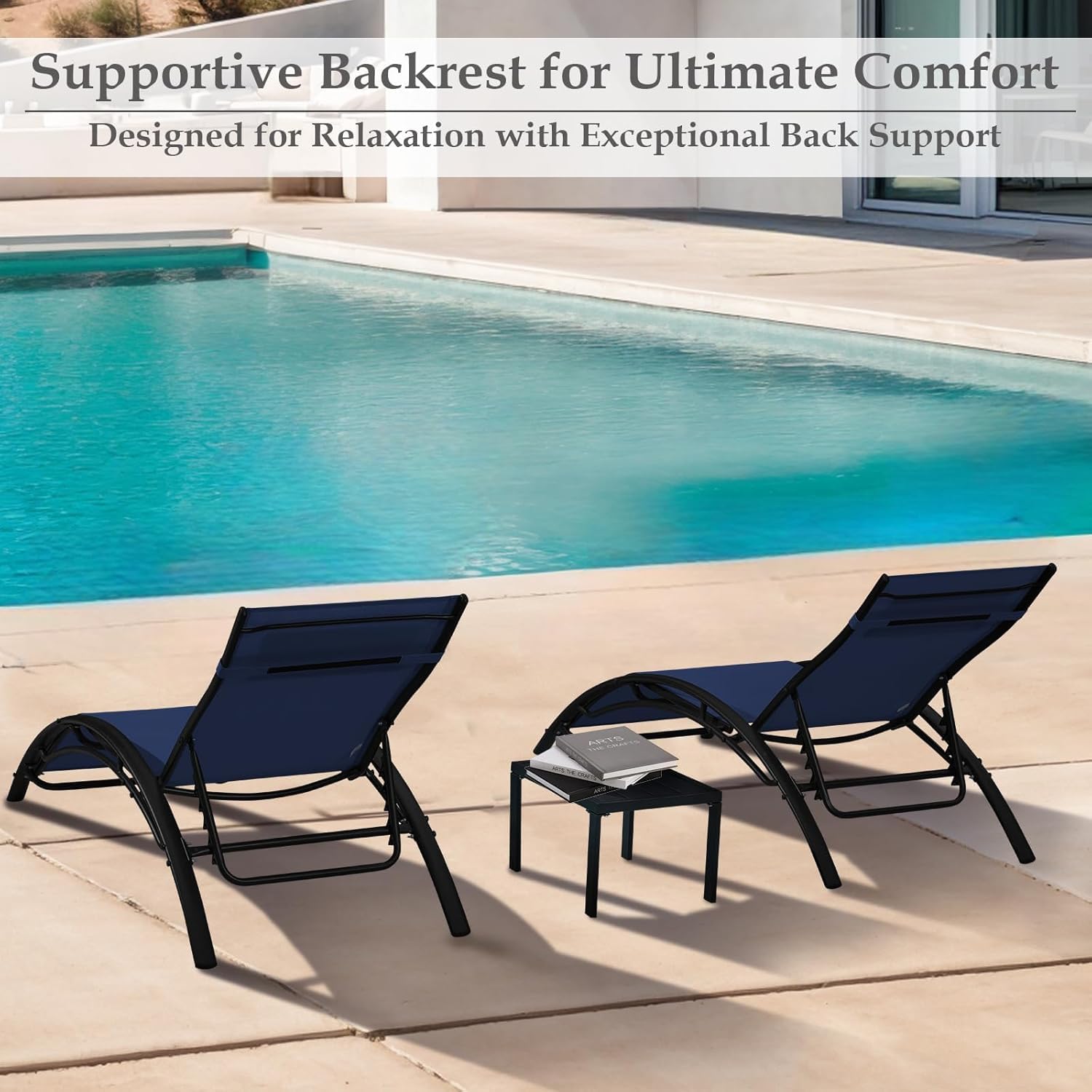 HOMREST 3-Piece Outdoor Chaise Lounge Set, Reclining Patio Chairs with Side Table, Navy Blue