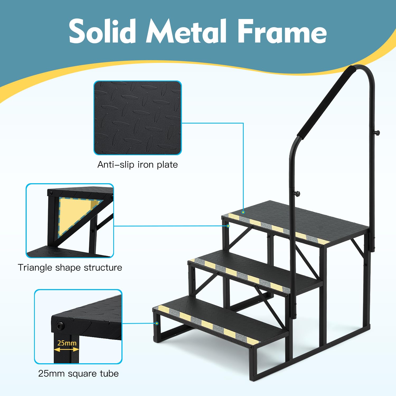 HOMREST 3-Step RV Steps with Handrail, 660 LBS Metal RV Stairs with Armrest Cover, Anti-Slip Hot Tub Steps, Mobile Home Steps with Non-Skid Tapes