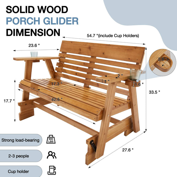 Wooden Patio Glider Bench with Cup Holders Heavy Duty 900lbs, Outdoor Loveseat Glider with Ergonomic Deep Contoured Seat