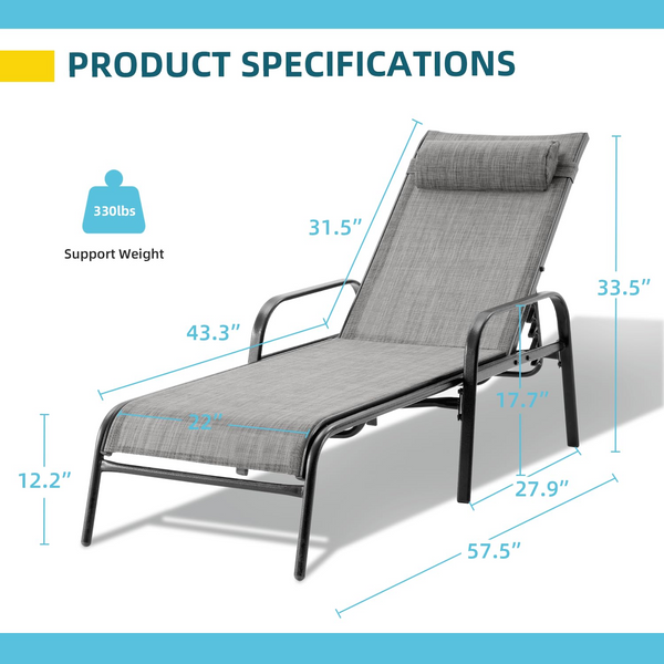 HOMREST Patio Chaise Lounges, Set of 2 Outdoor Lounge Chairs with Adjustable Backrest, All-Weather Textiline Recliner Chairs