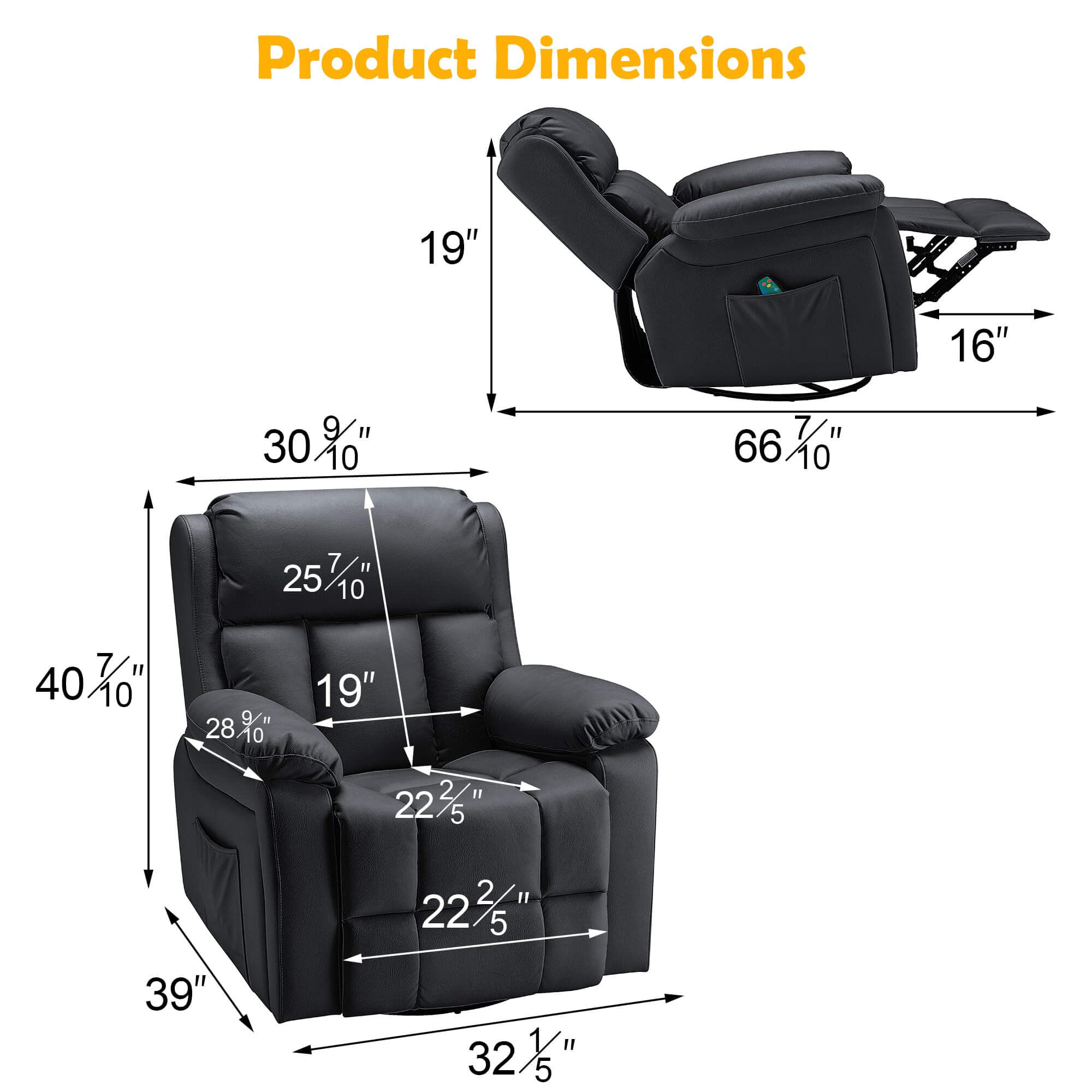 360° Swivel Massage Recliner Chairw/ Side Pockets, Coffee