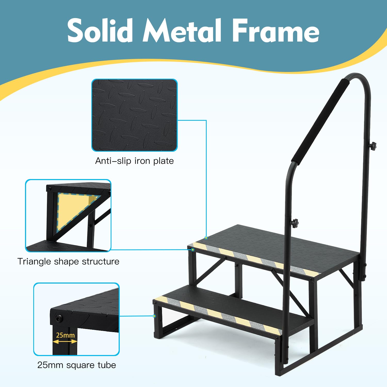HOMREST 2-Step RV Stairs with Handrail, 660 LBS Metal Steps with Armrest Cover, Anti-Slip Hot Tub & Mobile Home Steps with Non-Skid Tape