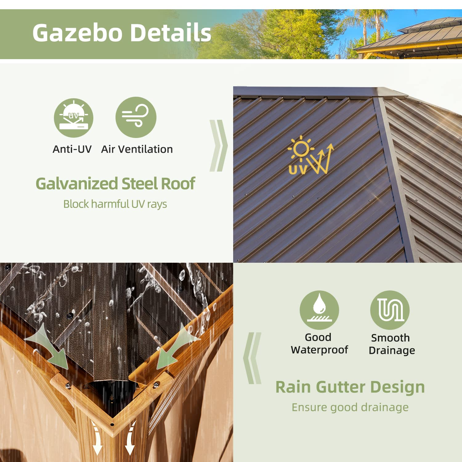 Homrest 12' x 16' Gazebo Hard-Top Single Roof Canopy,Wood Grain Aluminum Gazebo