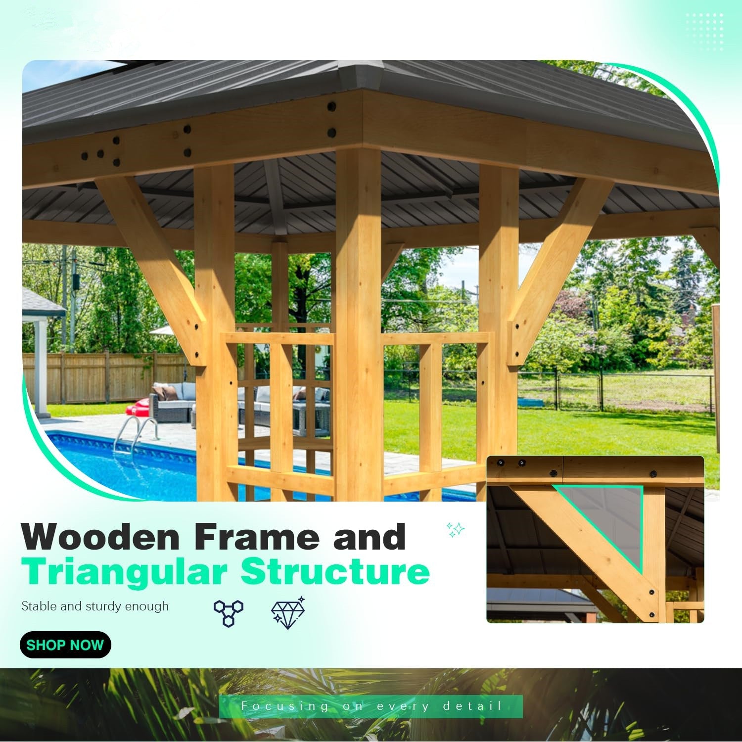 Homrest 11' x 13' Wood Gazebo, Outdoor Hardtop Gazebo Pavilion with Spruce Solid Wooden Frame, Double Roof Metal Canopy for Patio Backyard Deck Garden