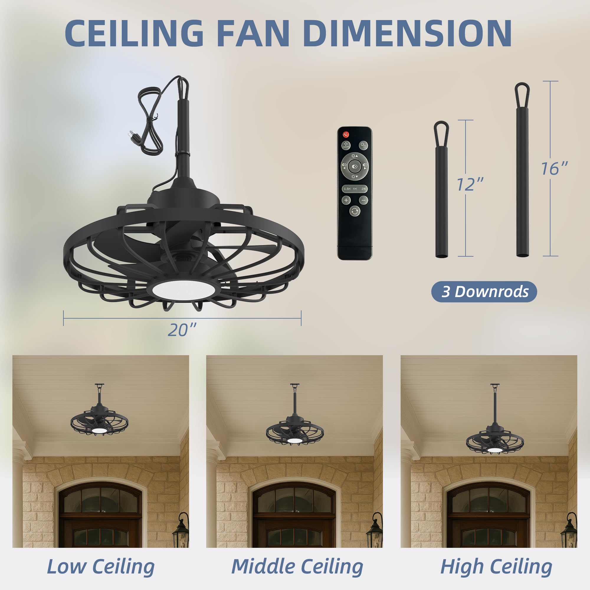 HOMREST 20" Outdoor Ceiling Fan with Light，IP65 Waterproof Plug in Ceiling Fan with Remote and 2 Downrods, Gazebo Caged Hanging Fan with 3 Color LED Light for Porch, Pergola, Canopy, Black