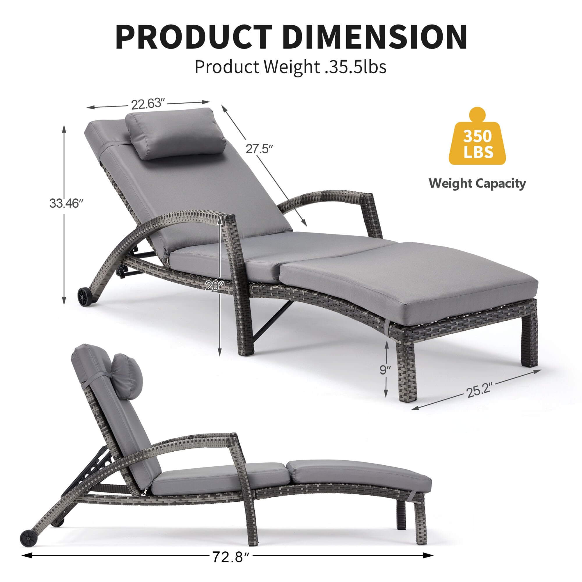 Homrest Patio Lounge Chair Set of 2 with Headpillow & Cushion, Gray